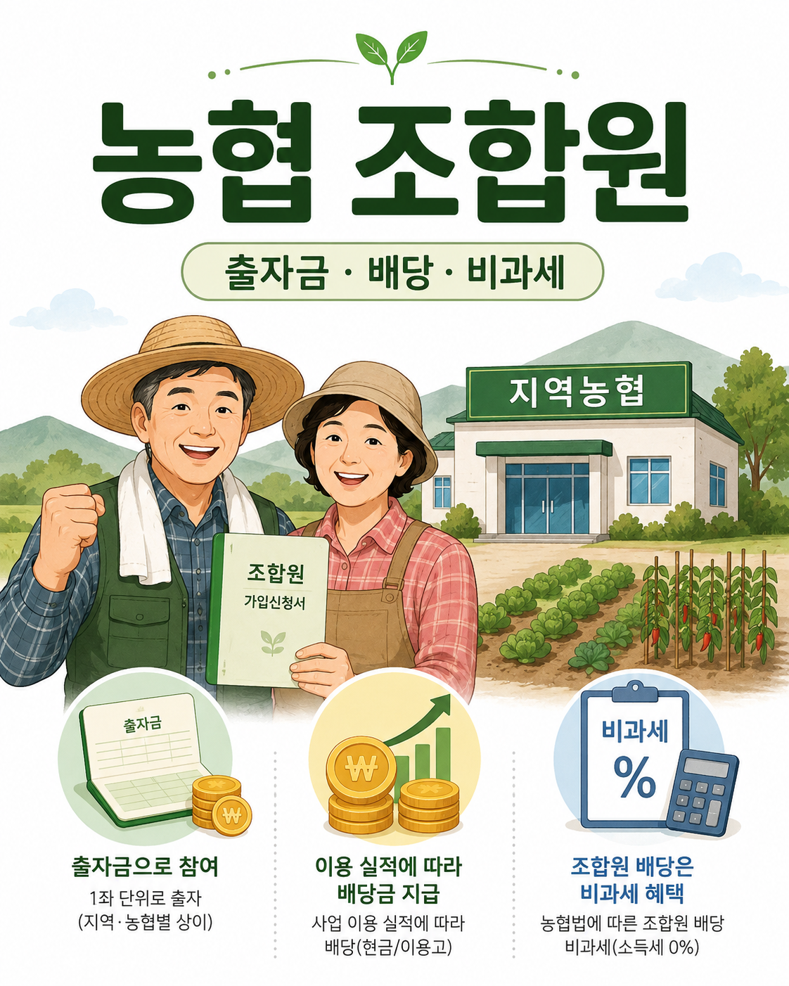 농협 조합원 가입 조건|2026·2027 출자금·예탁금 비과세와 배당 1 귀농 후 지역농협 조합원이 되려면 어떤 조건이 필요할까요? 농업인 1,000㎡·90일 기준, 농업경영체와의 차이, 출자금 2천만원·예탁금 3천만원 세제, 2027년 9%의 예외와 2028년 비과세, 탈퇴 시 출자금 환급까지 정리했습니다.